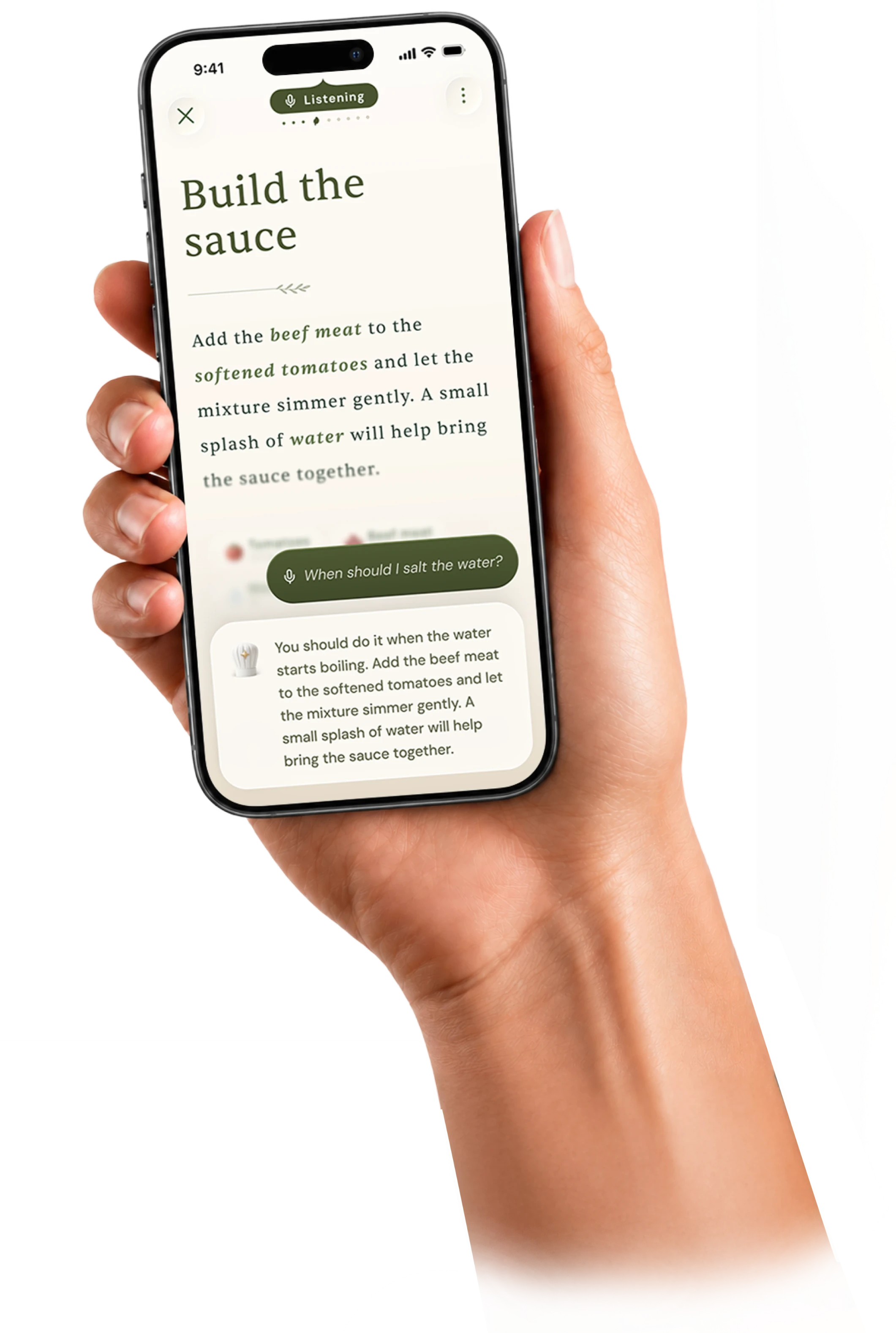 Sprigge recipe app open on an iPhone in a hand.